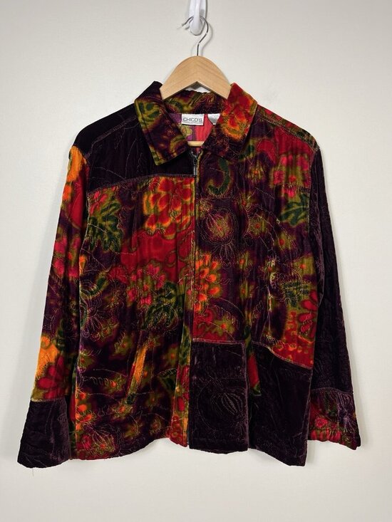 Chico's Jackets & Blazers - Chicos Top Women Size 2 Red Burgundy Silk Velvet Shirt Jacket Full Zip Art 90s
